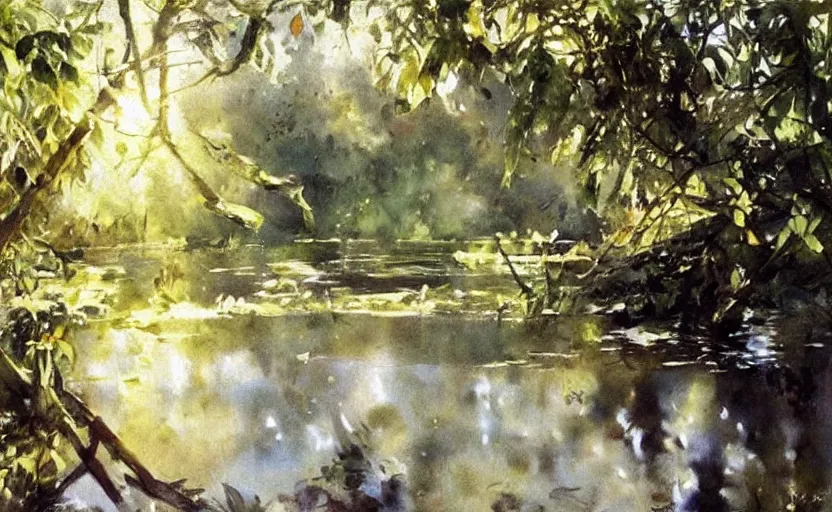 Image similar to oil painting lanscape by anders zorn, jungle nature, fruit trees, very very very very beautiful art, dramatic light, water reflections, aquarelle paint splashes, white canvas border