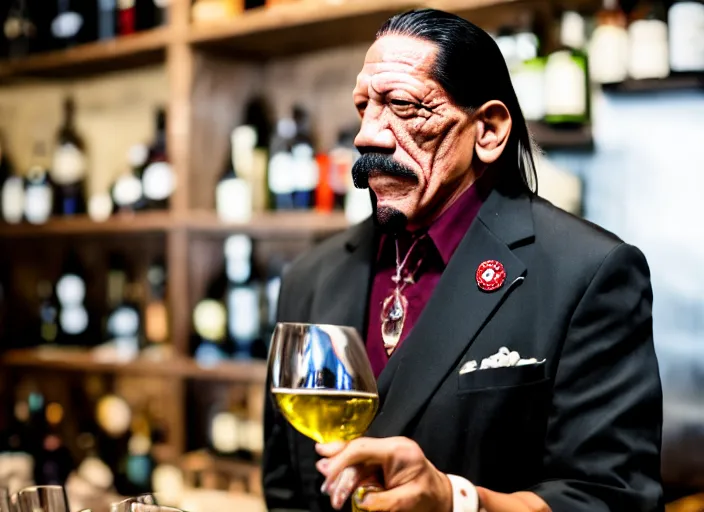 Image similar to photo of danny trejo working as a sommelier, 8 k, 5 2 mm f 1. 8