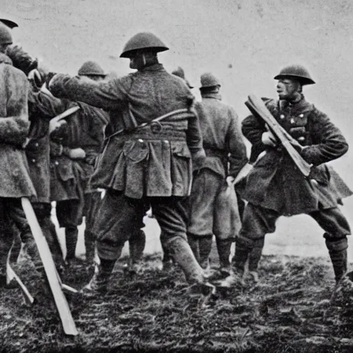 Prompt: 1917 black and white picture of giants fighting against world war one soldiers