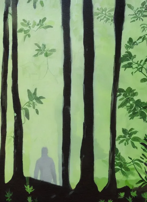 Image similar to a white silhouette of a man against a dark forest background, lots of plants, low light, oil painting