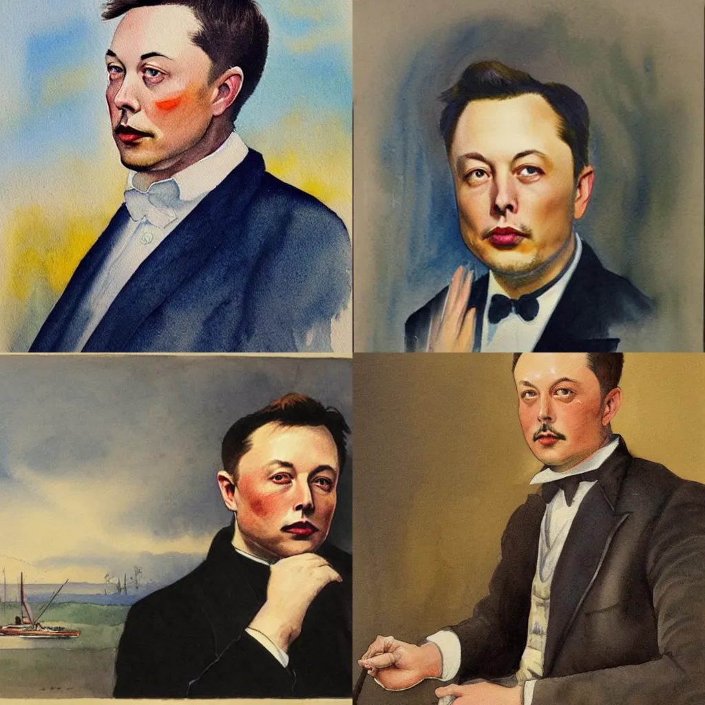Prompt: watercolour painting of Elon Musk by Walter Tippleston (1882)