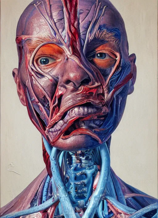 Image similar to highly detailed and textured painting of a deformed anatomical portrait, emotionally expressive, highly detailed oil painting, soft light 4 k, red, blue and purple colour palette, cinematic composition, cinematic lighting, sharp focus, masterpiece by ernie barnes and jenny saville