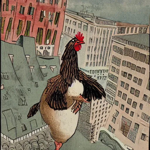 Prompt: a giant chicken attacking a city