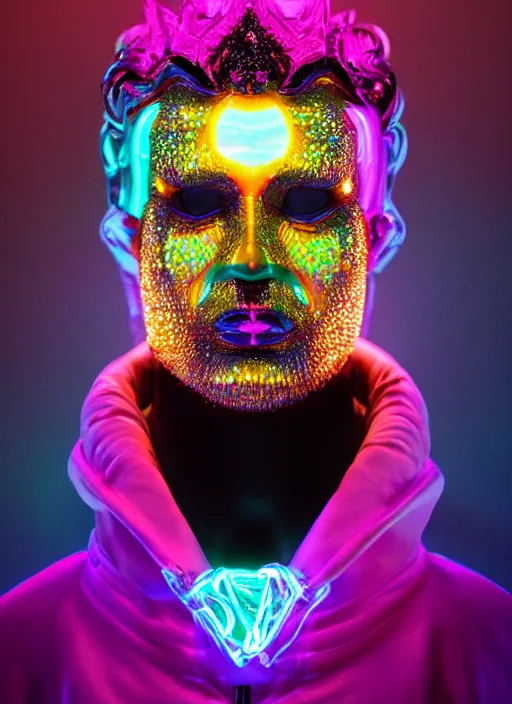 Prompt: photo of baroque and bladerunner delicate neon diamond sculpture of ceramic albino king marlon teixeira seductive delicious tongue out, creamy orange iridescent humanoid deity wearing white fluffy hoody holding diamond skull in a black metallic dungeon, reclining, glowing rainbow face, crown of white diamonds, cinematic lighting, photorealistic, octane render 8 k depth of field 3 d