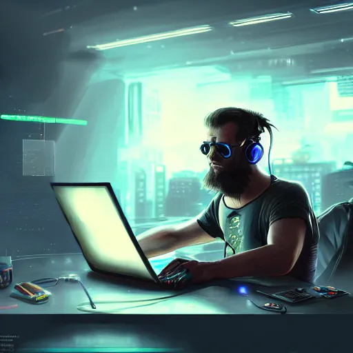 Image similar to realistic man using laptop in gaming room, artstation trends, cyberpunk concept art, highly detailed, intricate, sharp focus, digital art, 8 k