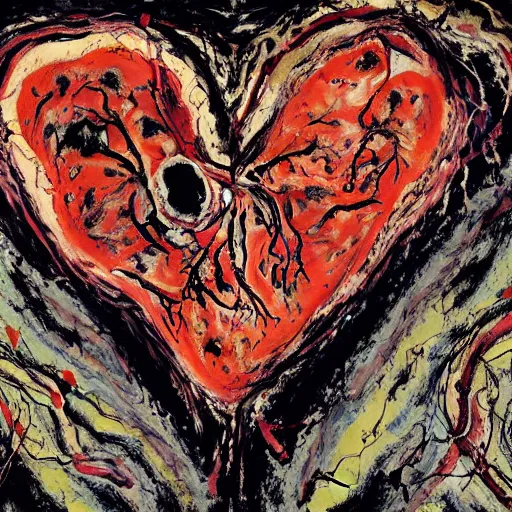 Prompt: jackson pollock painting of an anatomically correct human heart with atria, ventricles and aorta