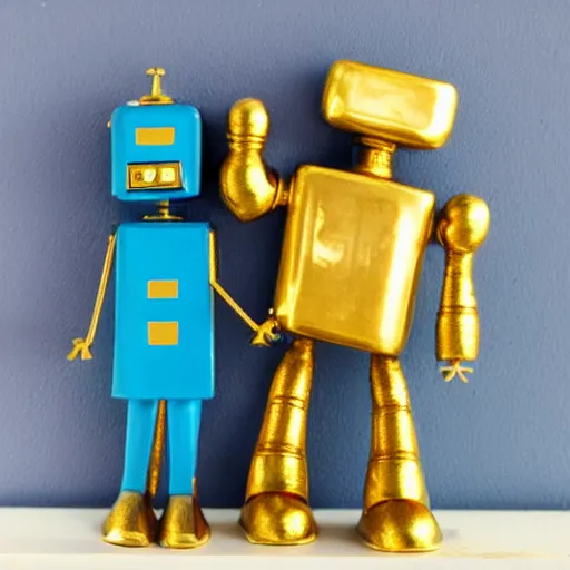 Image similar to retro gold robotic couple on a 8 0 s home decor, vintage photograph