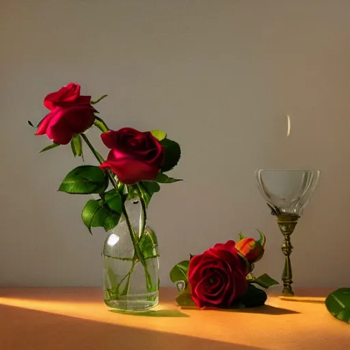 Prompt: roses in cinematic light, shadows, dramatic and very very very very beautiful masterpiece, light reflection, light refraction, transparent glass vase, optical caustics