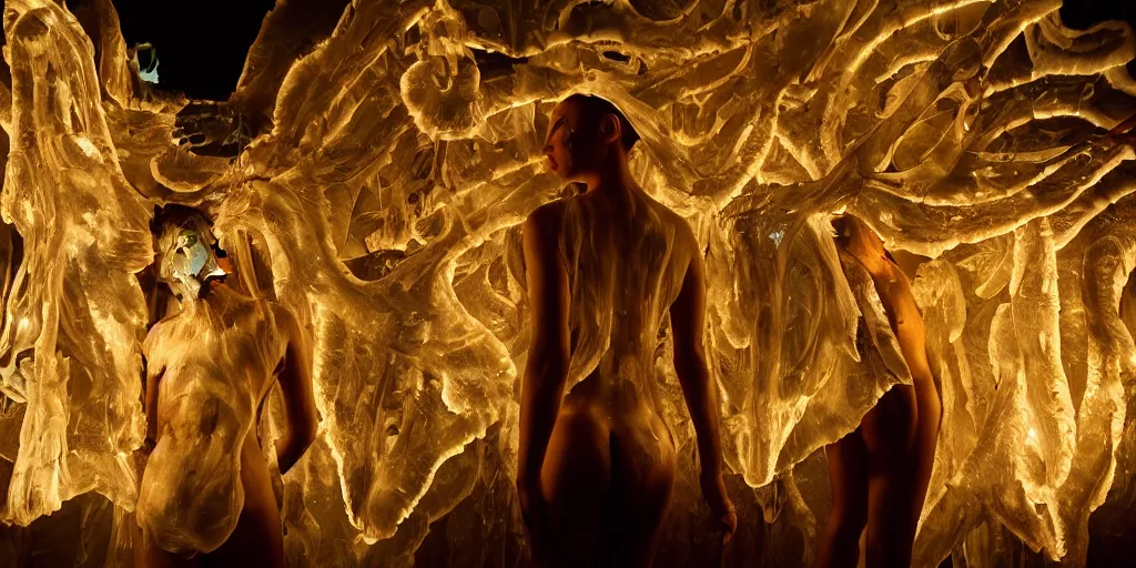 Image similar to love, translucent people with glowing body paint, from behind, rebirth, wide angle, cinematic atmosphere, elaborate, highly detailed, dramatic lighting