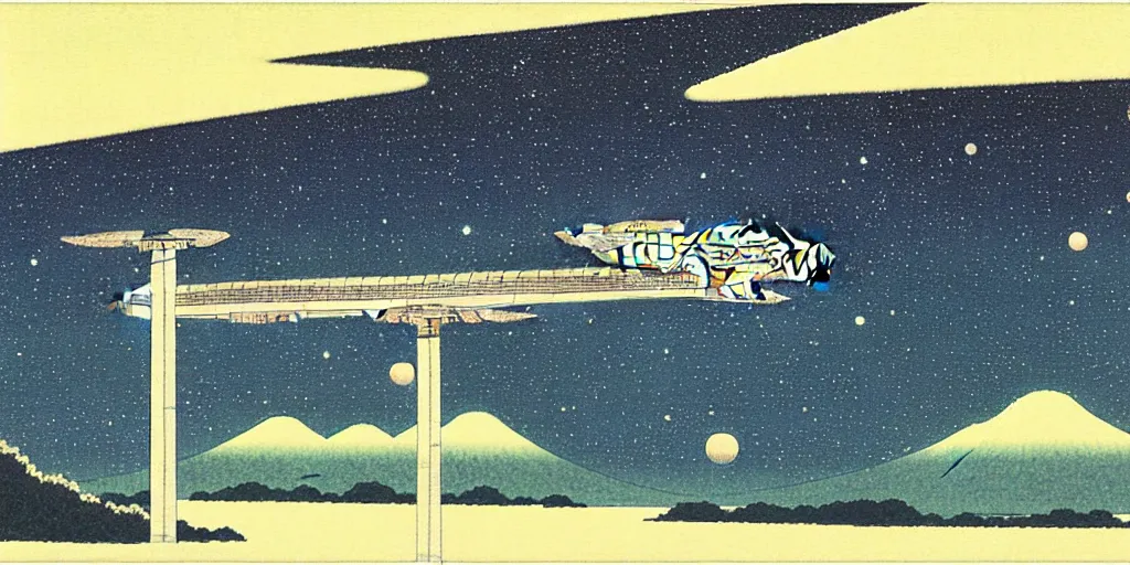 Image similar to a space station by kawase hasui. hd