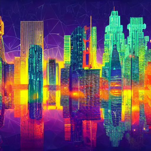 Image similar to a nighttime cityscape with a sky of of geometric kaleidoscopic colors trending on artstation 4 k intricate digital art