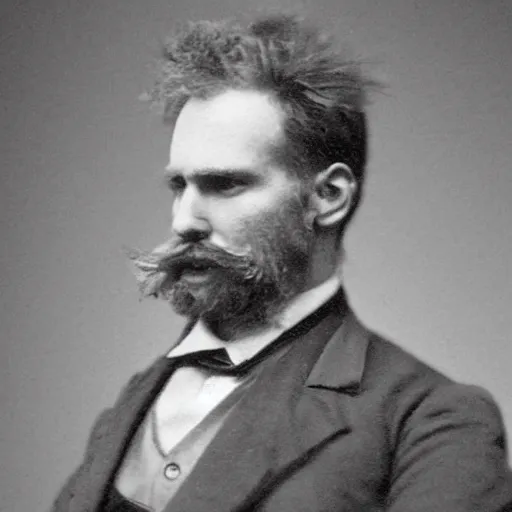 Image similar to A photograph portrait of Jerma985 with crazy hair and a pyramidal mustache in the late 1800s, taken in the late 1800s, 1870s, grainy, taken on a Field View Camera, realistic, hyperrealistic, very realistic, highly detailed, very detailed, extremely detailed, detailed, digital art, trending on artstation