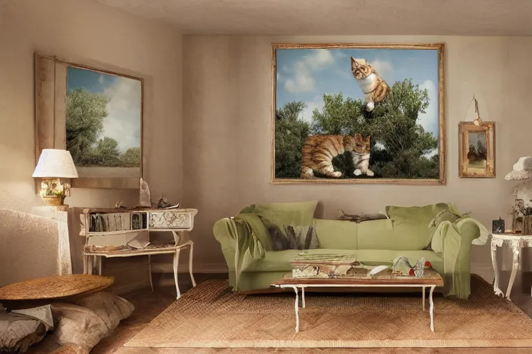 Image similar to Photo of Funny singular cat jumps in provence style living room, photorealism,