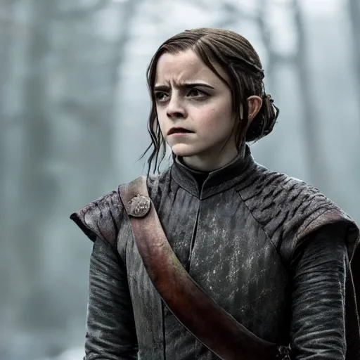 Image similar to emma watson as arya stark in game of thrones, 4 k, epic, cinematic, focus, movie still, fantasy, serious, extreme detail, atmospheric, dark colour, sharp focus