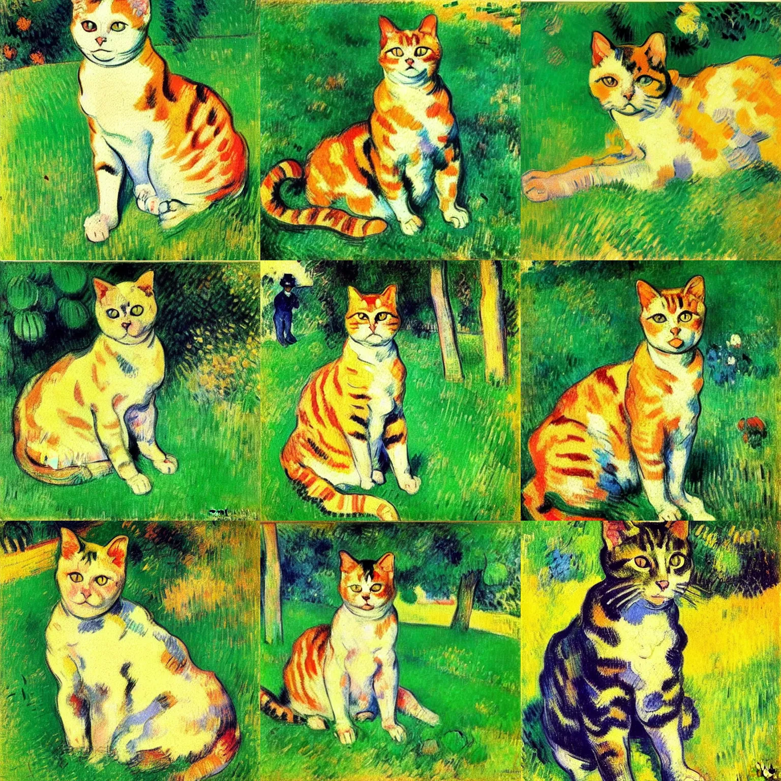 Prompt: beautiful cute portrait post - impressionist painting of a cat in the grass, by henri de toulouse - lautrec, camille pissarro, paul cezanne, henri rousseau, vincent van gogh, henri - edmond