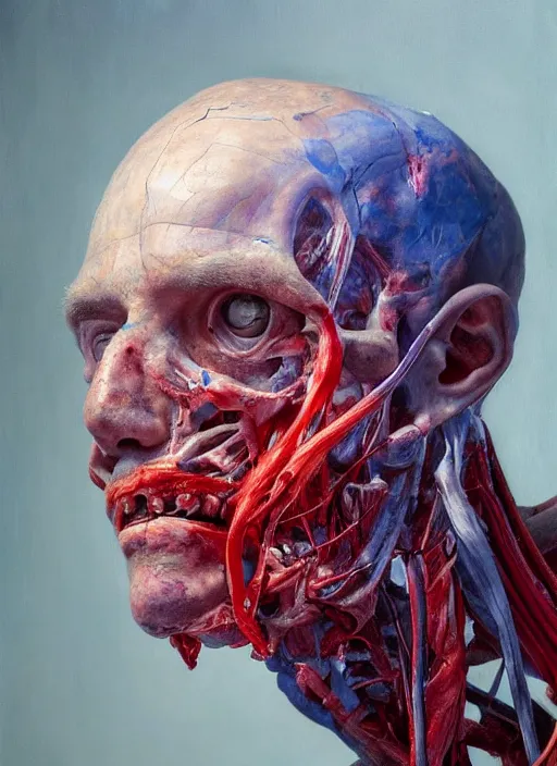 Image similar to highly detailed and textured painting of a deformed anatomical portrait with dead eyes, emotionally expressive, highly detailed oil painting, soft light 4 k, red, blue and purple colour palette, cinematic composition, cinematic lighting, sharp focus, masterpiece by adrian ghenie and jenny saville