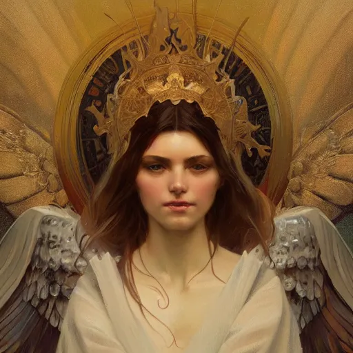 Image similar to a divine angel, highly detailed, digital painting, artstation, concept art, sharp focus, illustration, art by greg rutkowski and alphonse mucha