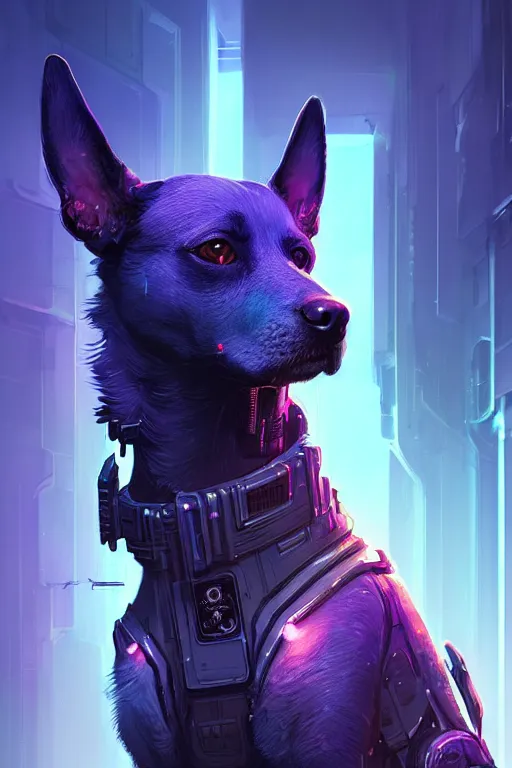 Image similar to a beautiful portrait of a cute cyberpunk dog by greg rutkowski and wlop, purple blue color scheme, high key lighting, volumetric light, digital art, highly detailed, fine detail, intricate, ornate, complex, octane render, unreal engine, photorealistic