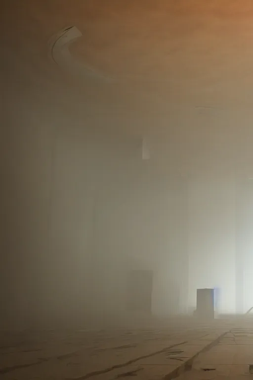 Prompt: inside a tall vetical room, convoluted halls, large open windows, cables hanging, complex ceiling, ancient monolithic sci - fi, thick dust storm enters the buiding, high winds, concrete pillars, on an alien planet, sun is blocked by dust, pale orange colors, cinematographic wide angle shot, f / 2 4, motion blur