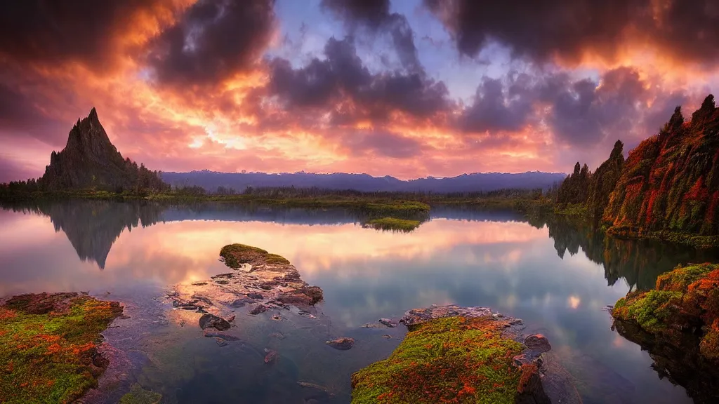 Image similar to amazing photo of a fairy castle with a lake in sunset by marc adamus, beautiful dramatic lighting