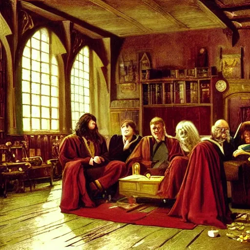 Image similar to gryffindor common room scene, harry potter, gryffindor, by jean - leon gerome, otto pilny, adrien henri tanoux, giulio rosati, orientalism painting