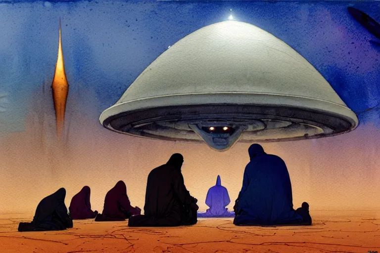 Prompt: a hyperrealist watercolour character concept art portrait of a group of middle eastern men kneeling down in prayer in front of a giant alien on a misty night in the desert. a ufo is in the background. by rebecca guay, michael kaluta, charles vess and jean moebius giraud