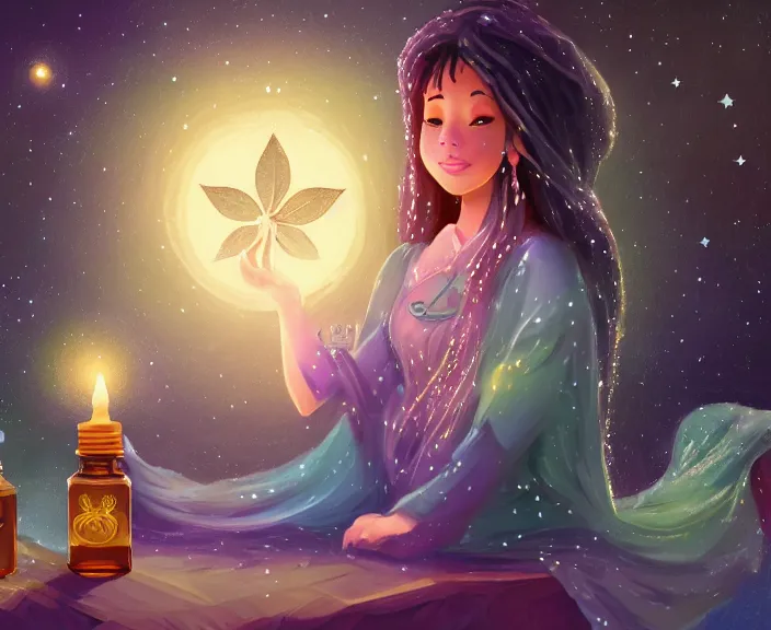 Prompt: an illustration of the spiritual goddess of essential oils, with starry dusted light and a moon, small bottles of oil, in the style of a disney princess, high contrast, highly detailed, sharp focus, digital painting, illustration, trending on artstation,