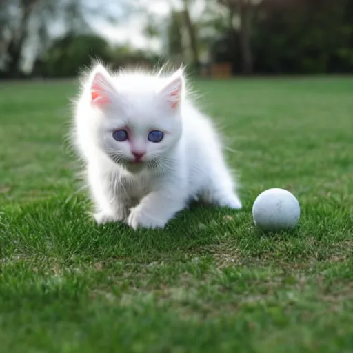 Image similar to a photograph of a white kitten playing with a ball in a park