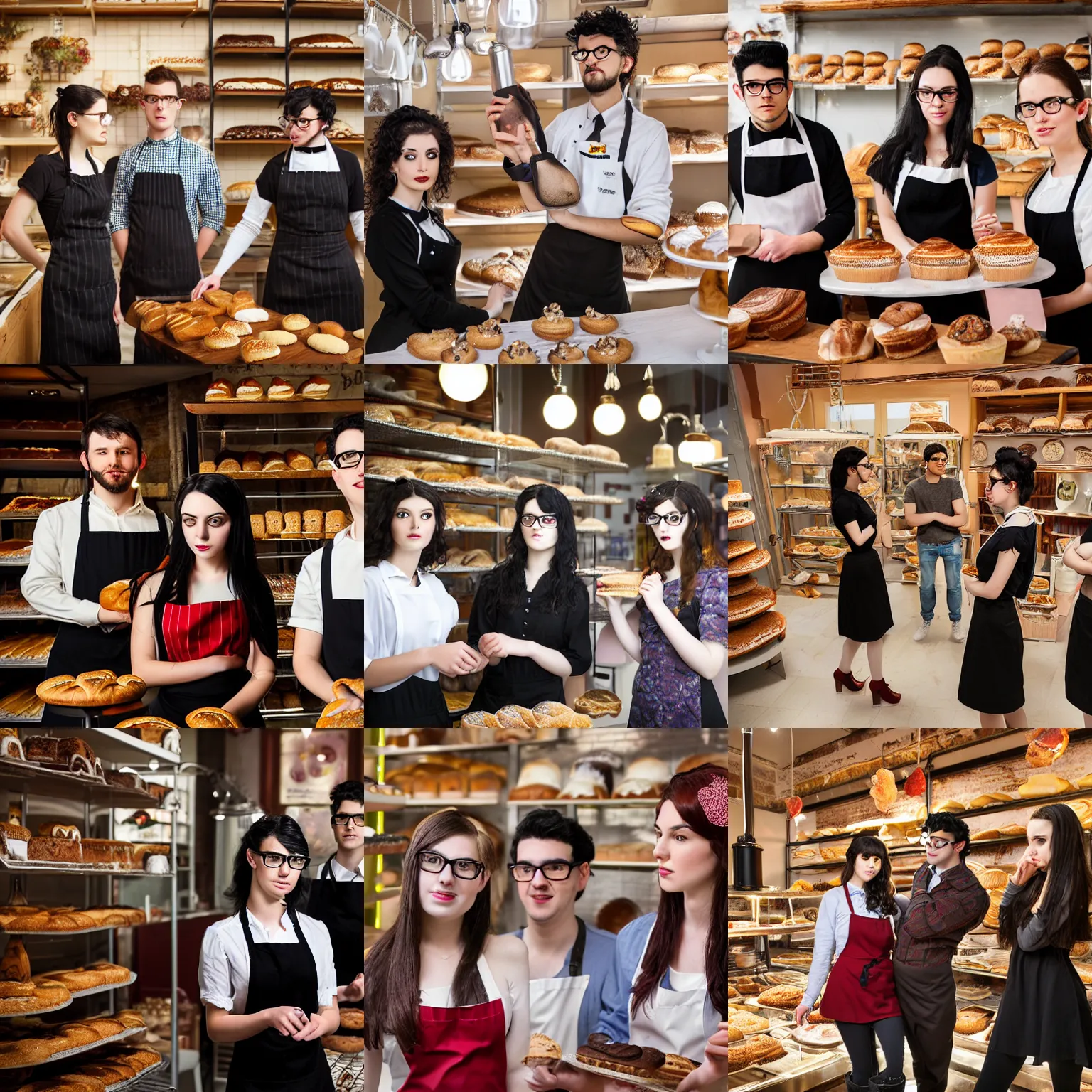 Prompt: Three young adults working in a magical bakery, one of the friends is a young man with glasses and black hair, the second friend is a beautiful young woman with brunette hair without glasses, the third friend is a cute goth girl with red hair without glasses, wide angle photography, highly detailed and intricate, fantasy bakery interior setting, high resolution photograph