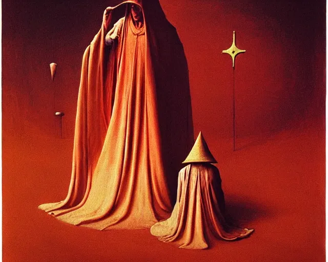 Image similar to devotion to the scarlet woman, priestess in a conical hat, coronation, ritual, sacrament, by francis bacon, beksinski, bosch, mystical redscale photography, opulence, luxury, maximalism.