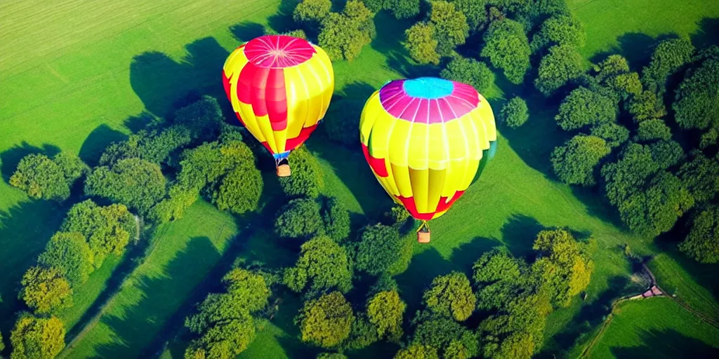 Prompt: hot air balloon, beautiful landscape, bird's eye view