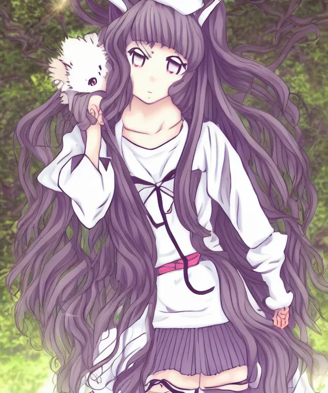 Prompt: full body cute adorable young anime kitsune with white curly hair, style of neytrix