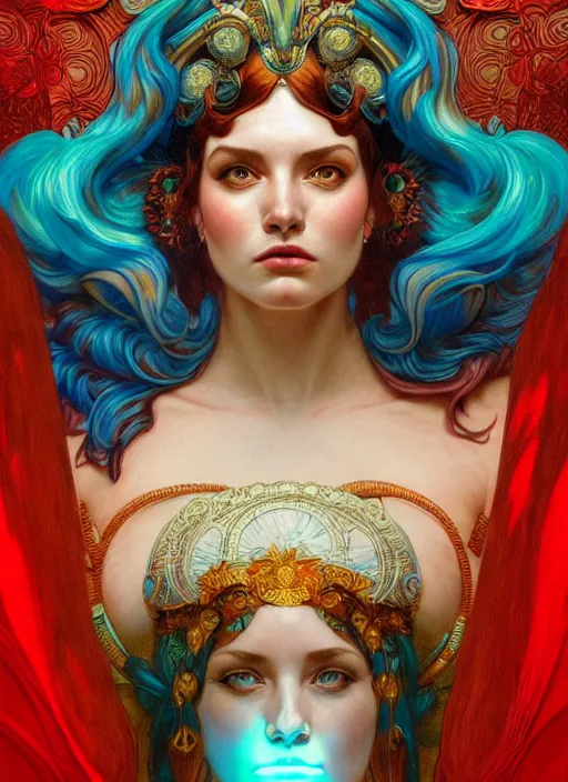 Image similar to the goddess hera looking angry, paper dress, volumetric lights, red and cyan theme, art nouveau botanicals, intricate, highly detailed, digital painting, artstation, concept art, smooth, sharp focus, symmetric face, illustration, art by artgerm and greg rutkowski and alphonse mucha