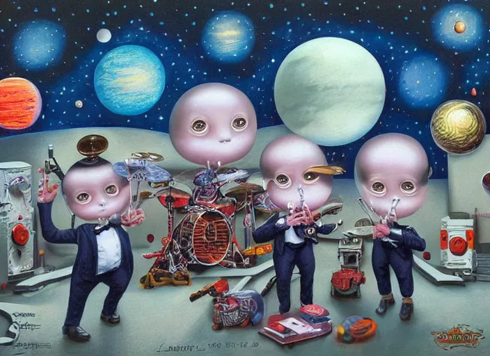 Image similar to the space band, lowbrow, matte painting, 3 - d highly detailed, in the style of mark ryden,