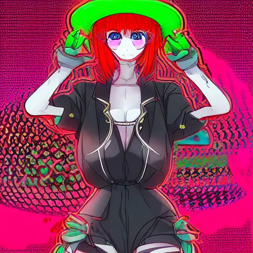 Image similar to cyberwitch super buxom anime girl wearing neon mesh witch hat. cyber sphere symmetrical face. symmetrical detailed defined eyes. beautiful lineart. stereoscopic image of alan turing discovering lsd, stop motion vinyl action figure, plastic, toy, gilbert and george style