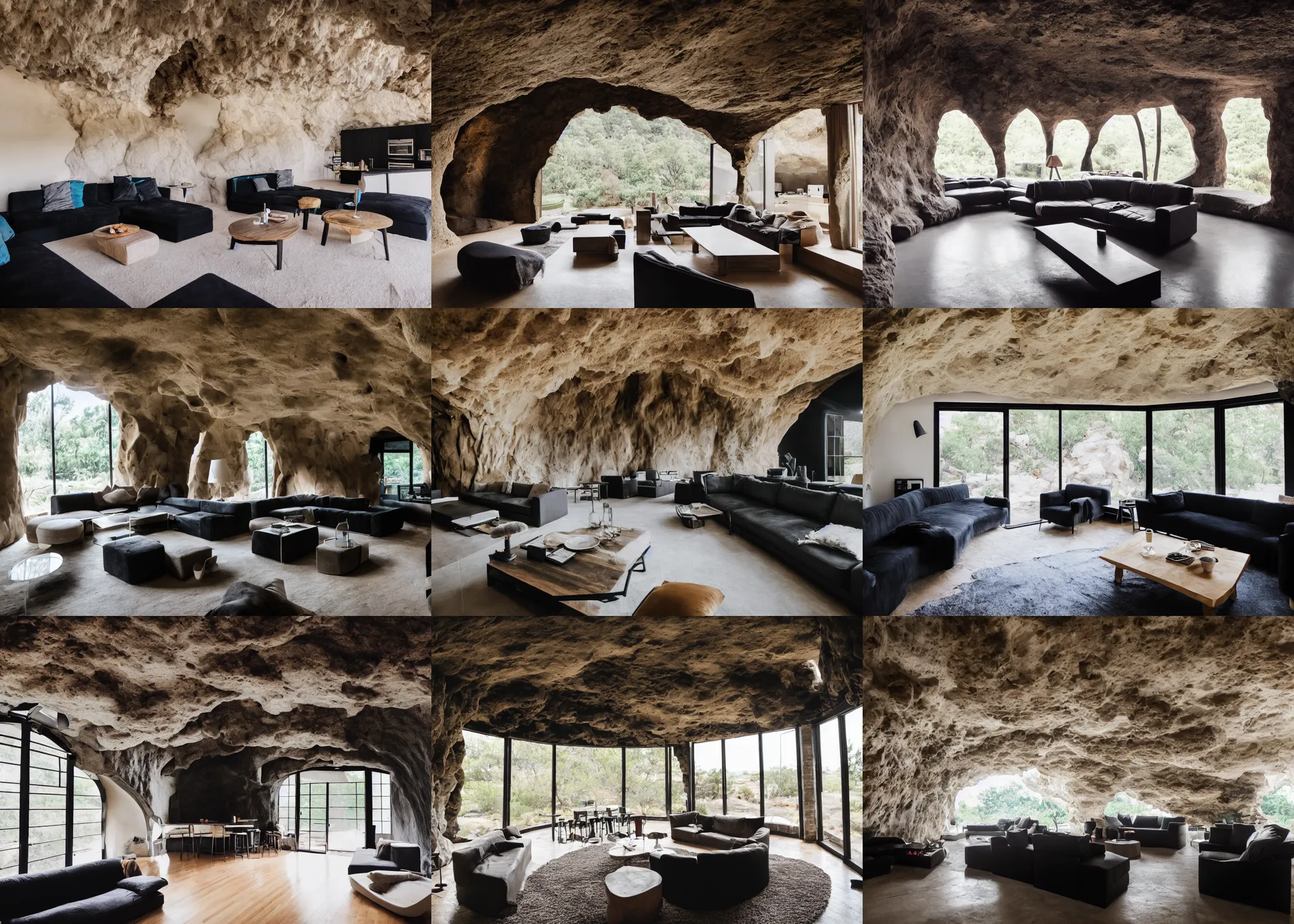 Prompt: subject level wide angle photography of the interior of a modern house inside a cave, comfort lighting, black furniture, arched tinted windows, a bar in the kitchen, big black couch