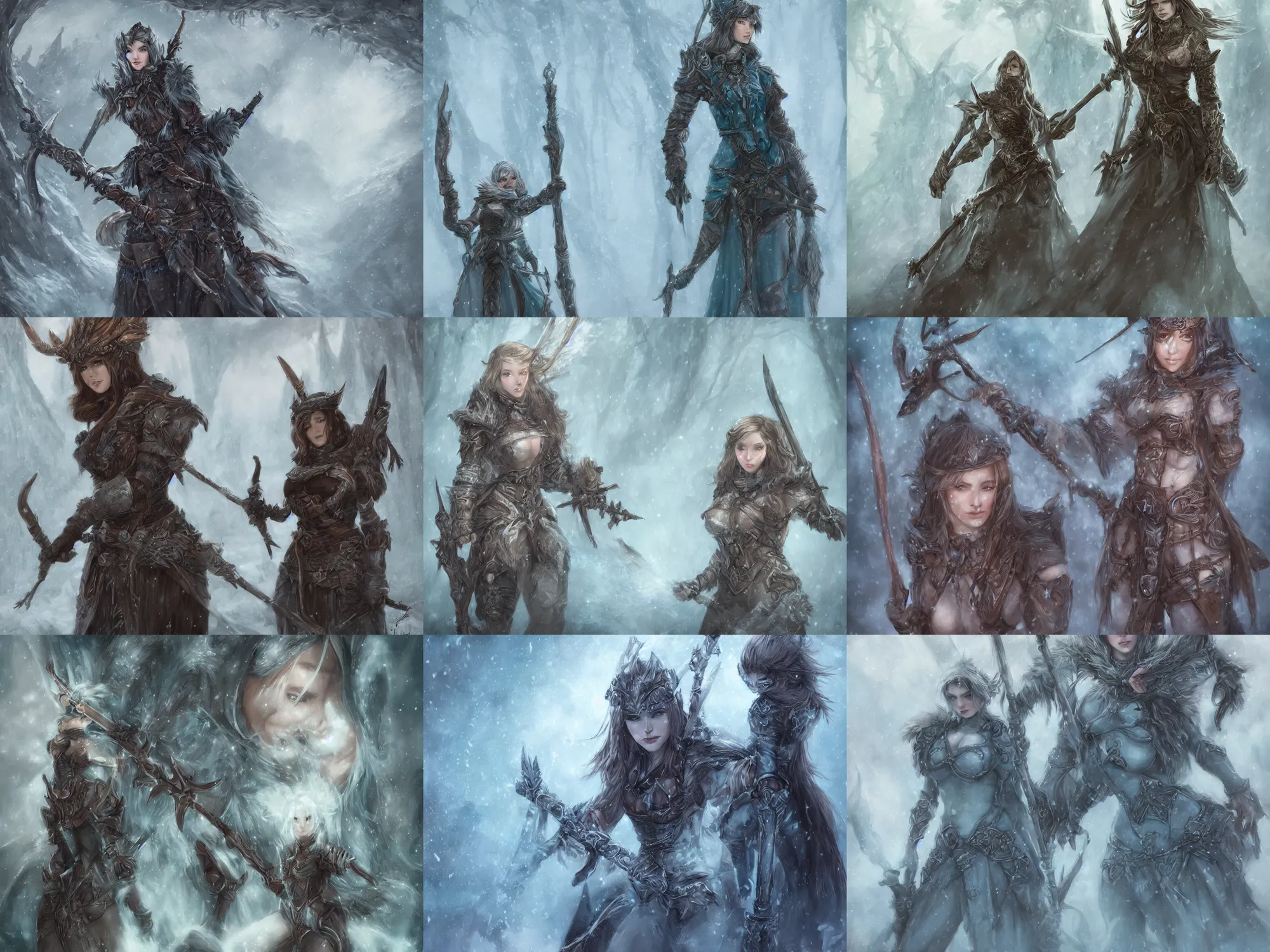 Prompt: womanly fantasy hunter in icewind dale, drawn bow and quiver, bagshaw art style, falling snow, perfect symmetrical facial features, fine details, soft focus, symmetrical, highly detailed, 4 k, cinematic, misty, fog, masterpiece, teal palette, curvy and bow, finely masked