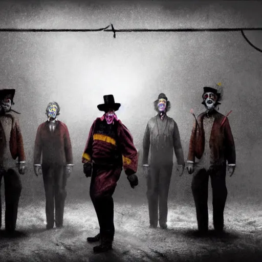 Image similar to a group of men dressed as clowns standing around a tv screen in a dark foggy alley in silent hill