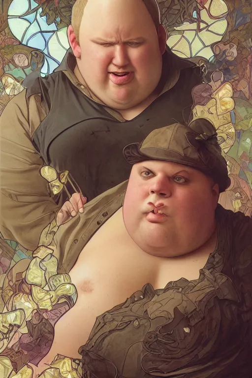 Prompt: portrait of the nostalgia critic as a pathetically weak chubby man, forest, full body, obese, fantasy, intricate, elegant, highly detailed, digital painting, artstation, concept art, sharp focus, illustration, art by artgerm and greg rutkowski and alphonse mucha