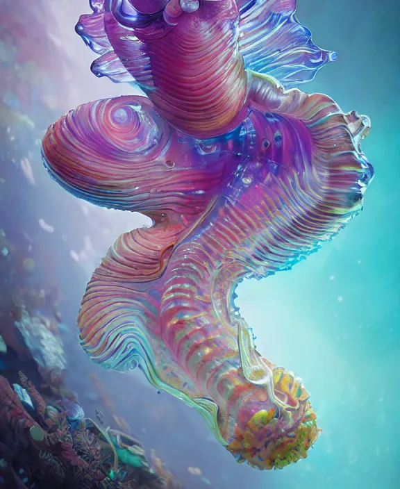 Image similar to colorful transparent portrait of a terrifying beautiful alien sea slug creature, mottled coloring, adorable, childlike, biopunk environment, ultra realistic, concept art, art nouveau, photorealistic, octane render, 8 k, unreal engine. art by christopher marley and artgerm and greg rutkowski and alphonse mucha