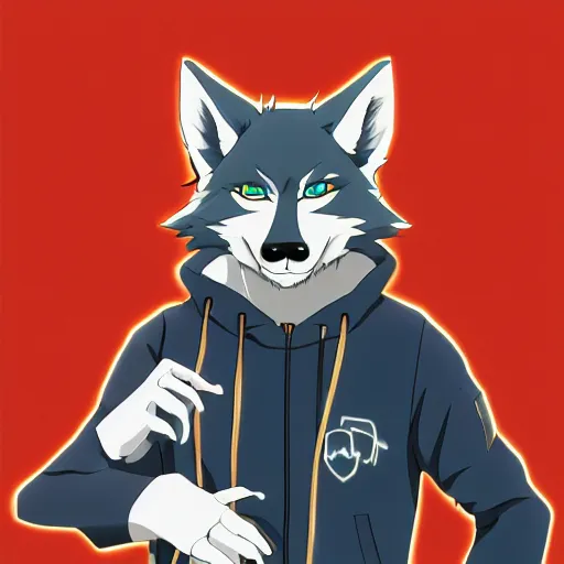 Image similar to key anime visual portrait of a handsome male anthro wolf furry fursona with beautiful eyes, wearing a hoodie, official modern animation