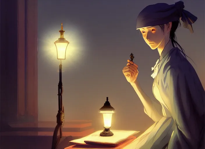 Prompt: 1 8 5 4 crimea, florence nightingale holding lamp, army hospital in scutari at night, wounded patients in beds on both sides of hospital ward, finely detailed perfect art, painted by greg rutkowski makoto shinkai takashi takeuchi studio ghibli