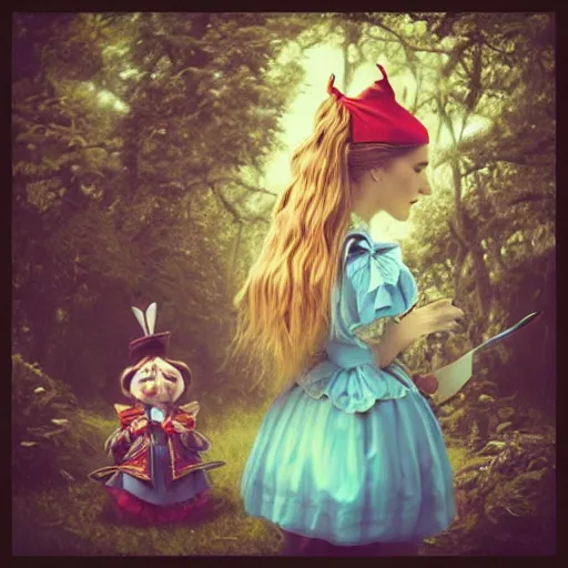 Prompt: “Alice in wonderland, Alice, whimsical, realism, trending on Artstation”