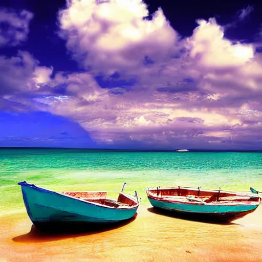 Prompt: tropical beach, afternoon, clouds, boats, glistening ocean, digital art