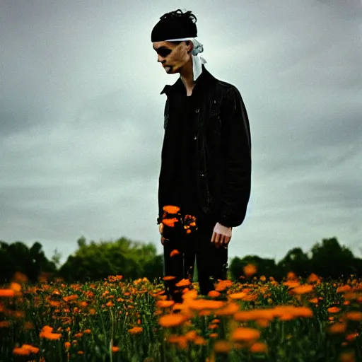 Prompt: kodak portra 4 0 0 photograph of a skinny goth guy standing far back in a field of flowers, wearing bandana on face, moody lighting, telephoto, 9 0 s vibe, blurry background, vaporwave colors, faded!,