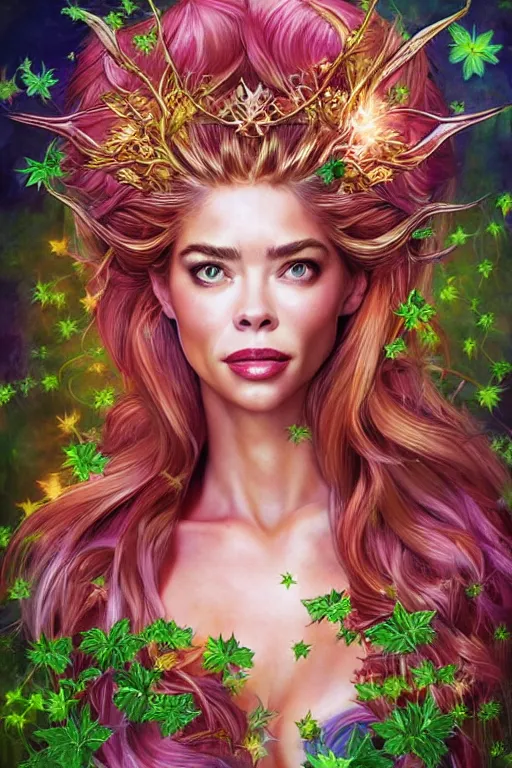 Prompt: portrait of denise richards as titania, summer queen. faerie queen. queen of light, rainbow colors, poison ivy, made by caravaggio stanley artgerm lau wlop rossdraws artstation cgsociety concept art cgsociety octane render