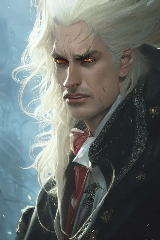 Image similar to up close portrait of alucard, d & d, face, fantasy, intricate, elegant, highly detailed, digital painting, artstation, concept art, smooth, sharp focus, illustration, art by artgerm and greg rutkowski and alphonse mucha