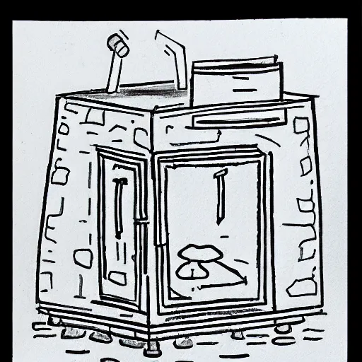Prompt: very simple line drawing of a furnace with people around it, pen on paper simple drawing by a 7 year old