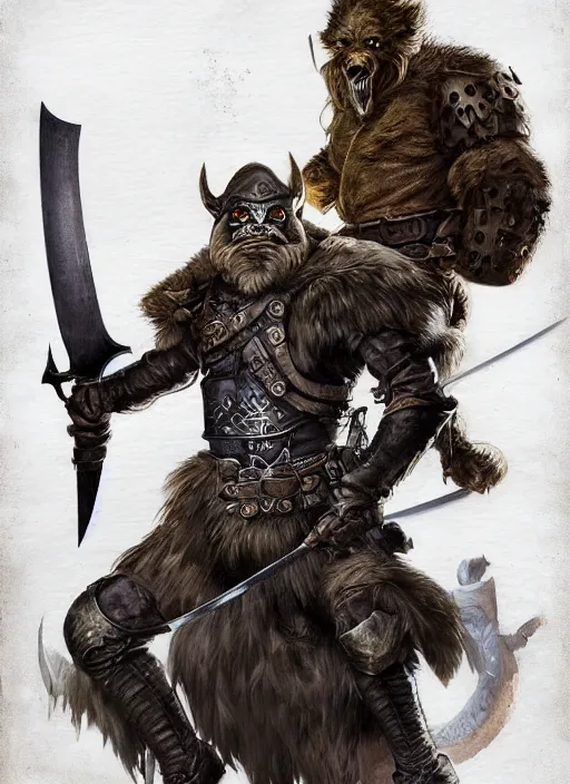 Image similar to strong young man, photorealistic bugbear ranger holding aflaming sword, black beard, dungeons and dragons, pathfinder, roleplaying game art, hunters gear, jeweled ornate leather and steel armour, concept art, character design on white background, by alan lee, norman rockwell, makoto shinkai, kim jung giu, poster art, game art