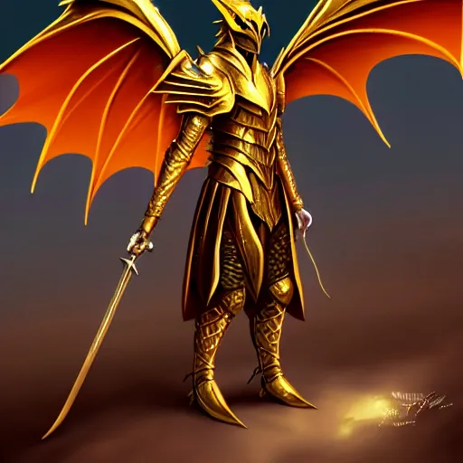 Image similar to an anthro winged dragon in a golden medieval armor, holding a sword, digital art, fantasy art, matte painting, trending on Artstation